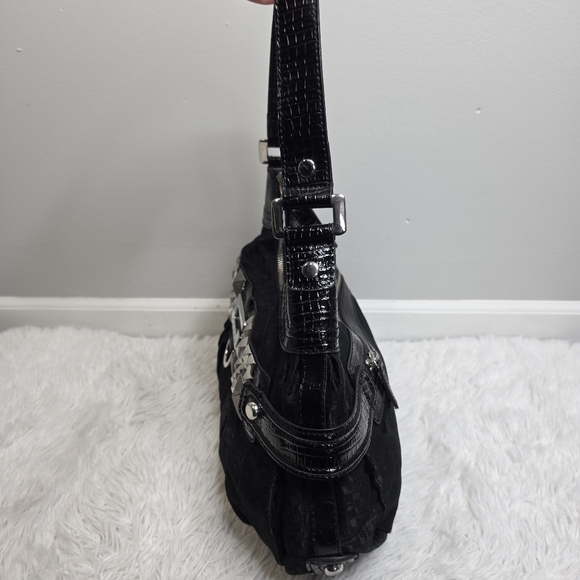 GUESS Vintage Y2K Studded Hobo Bag - Black Monogram & Croc Embossed - Picture 4 of 11